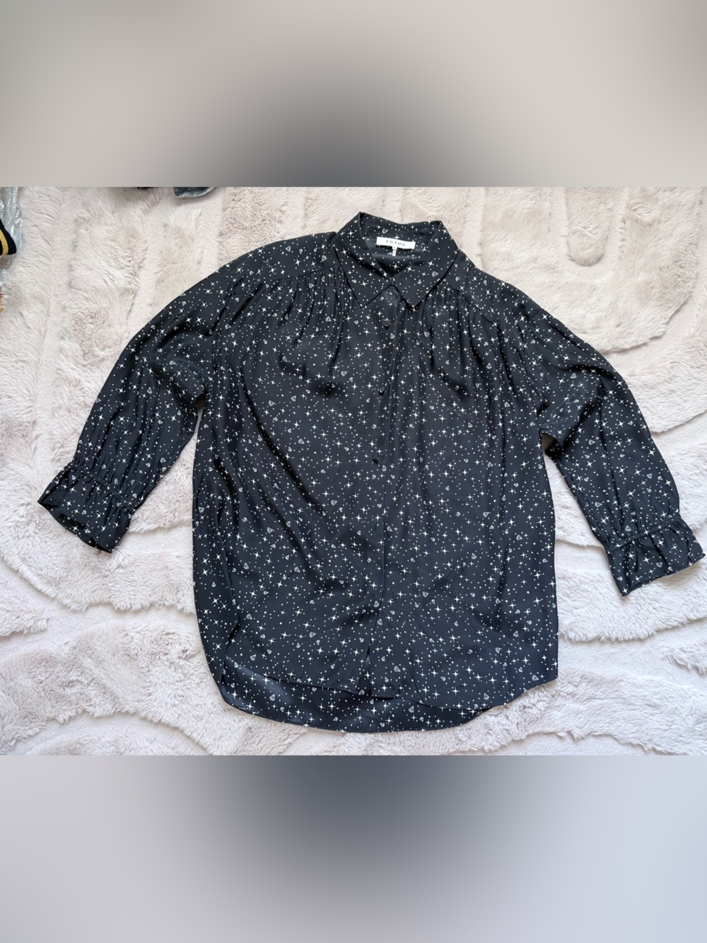 Frame Silk Black Star-Print Button-Down Blouse elastic cuff